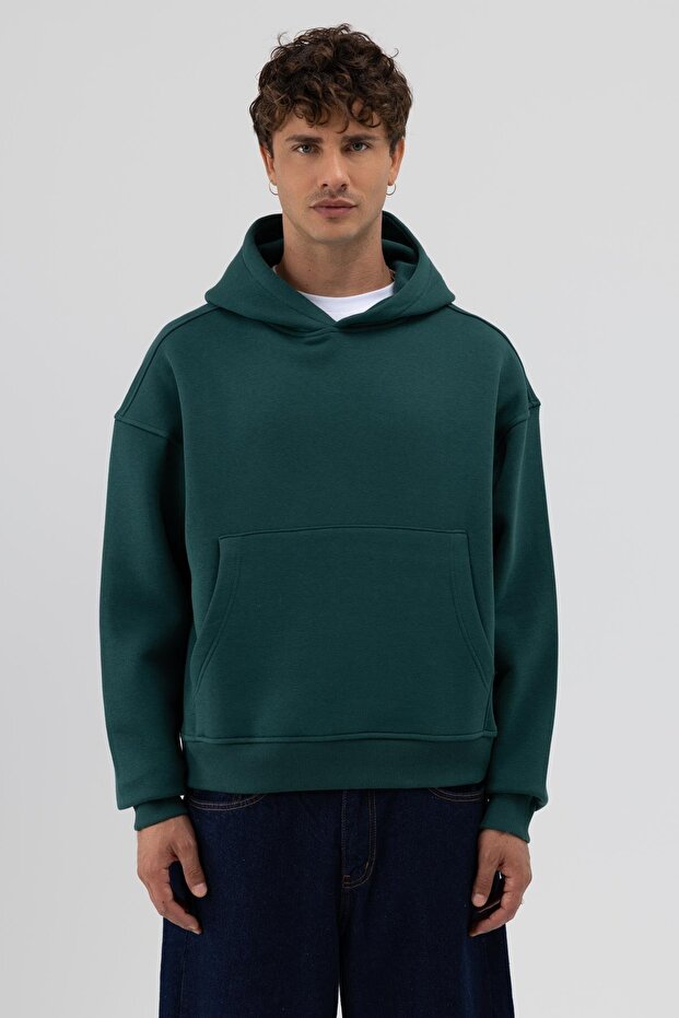 Basic Kapüşonlu Boxy Fit Sweatshirt Nefti - 3