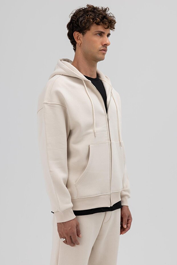 Basic Fermuarlı Oversize Kapüşonlu Sweatshirt Taş - 4