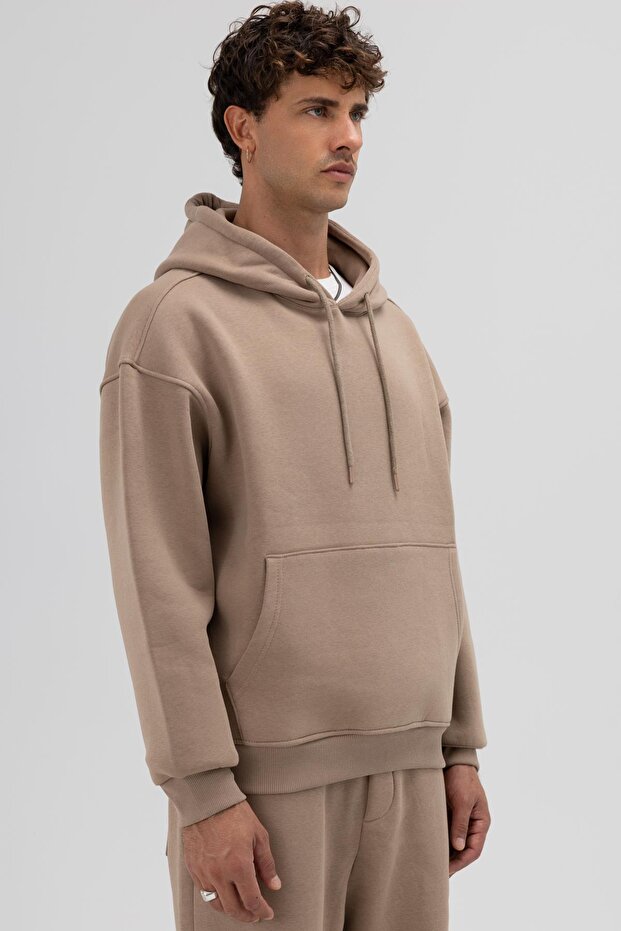 Basic Oversize Kapüşonlu Sweatshirt Vizon - 3