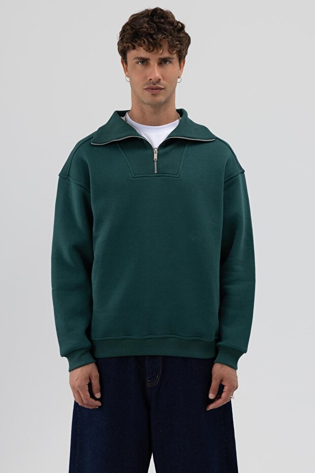 Basic Fermuarlı Dik Yaka Sweatshirt Nefti - 1