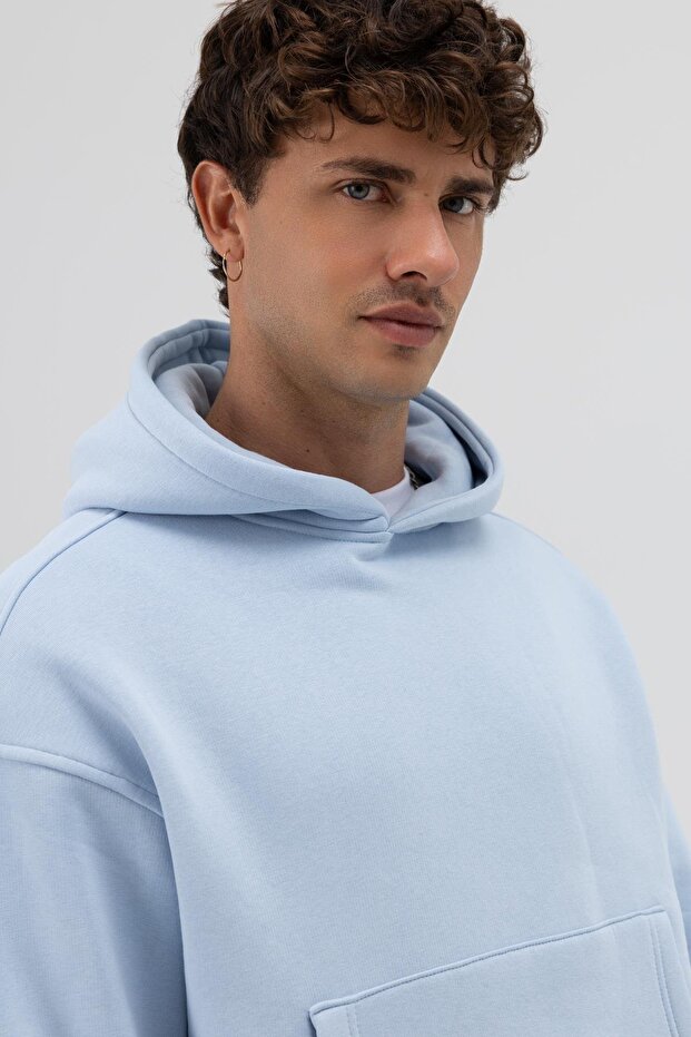 Basic Kapüşonlu Boxy Fit Sweatshirt Bebe Mavi - 3