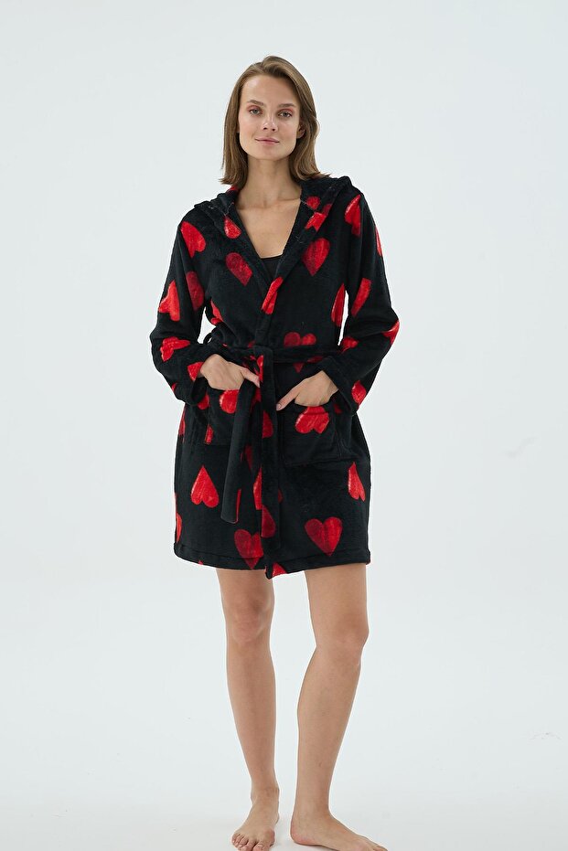 Women's Black Red Heart Patterned Fleece Short Dressing Gown C1T0N371