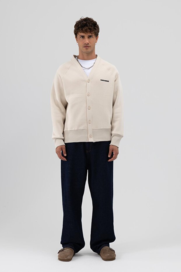 Oversize Düğmeli Sweatshirt Taş - 2