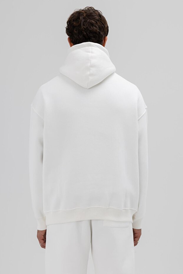 Basic Oversize Kapüşonlu Sweatshirt Ekru - 5
