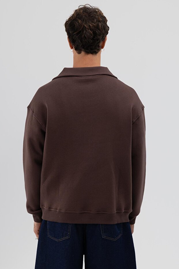 Basic Fermuarlı Dik Yaka Sweatshirt Kahve - 3
