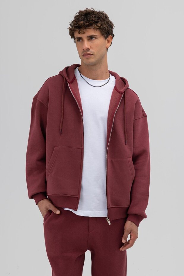 Basic Fermuarlı Oversize Kapüşonlu Sweatshirt Bordo - 8