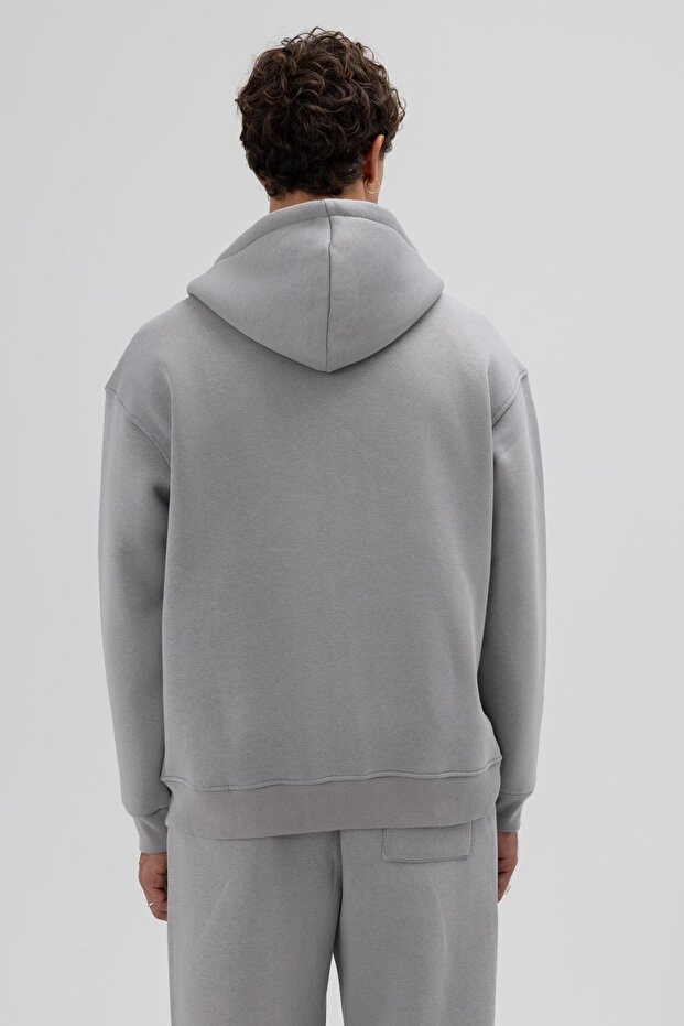 Basic Fermuarlı Oversize Kapüşonlu Sweatshirt Gri - 5