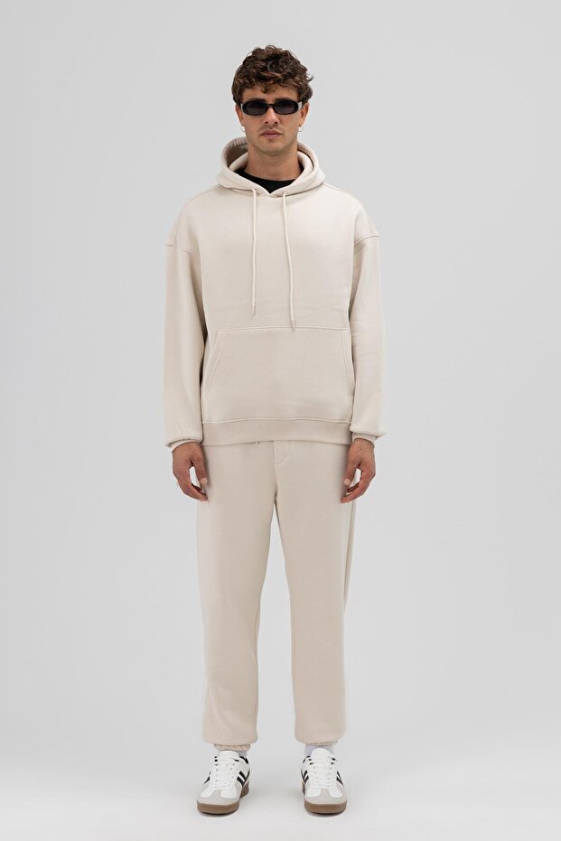 Basic Oversize Kapüşonlu Sweatshirt Taş - 1