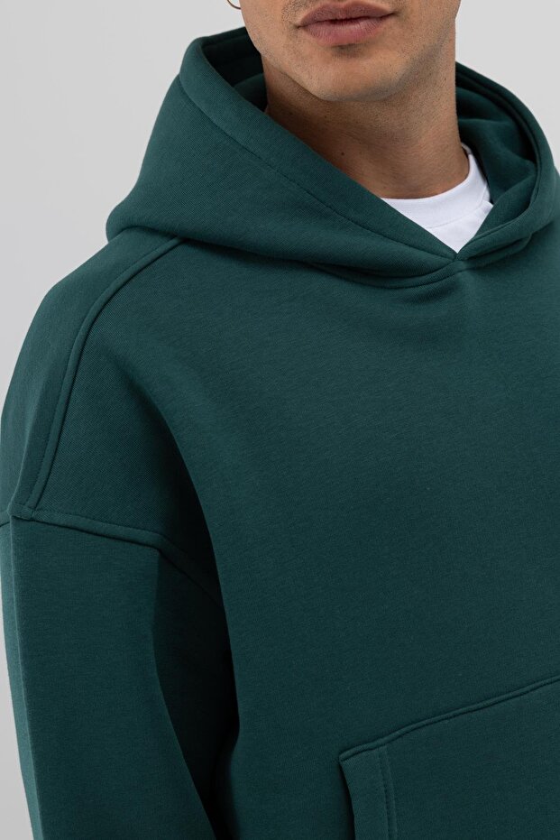 Basic Kapüşonlu Boxy Fit Sweatshirt Nefti - 5