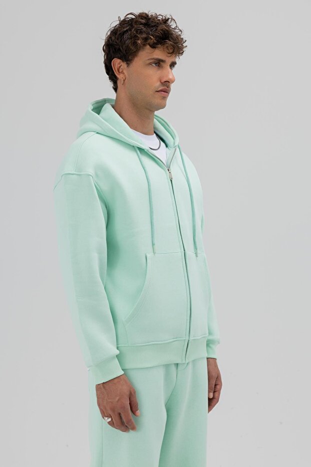 Basic Fermuarlı Oversize Kapüşonlu Sweatshirt Mint - 2