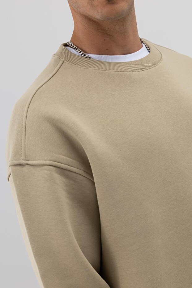 Basic Bisiklet Yaka Oversize Sweatshirt Haki - 5