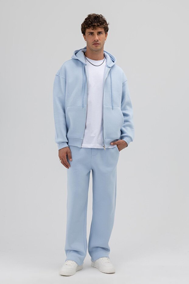 Basic Fermuarlı Oversize Kapüşonlu Sweatshirt Bebe Mavi - 6
