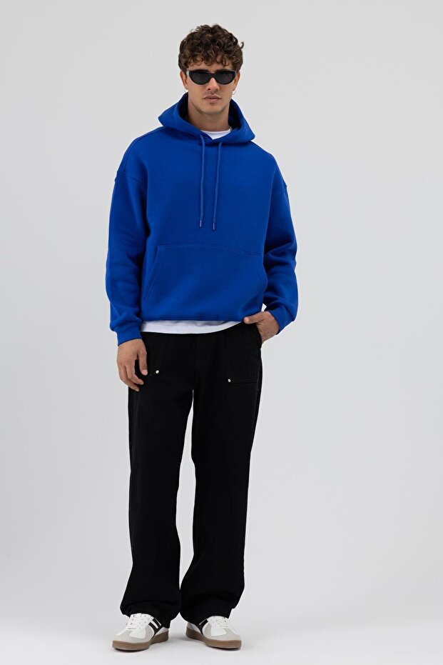 Basic Oversize Kapüşonlu Sweatshirt Saks - 1