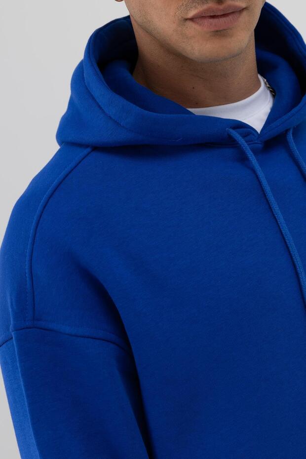 Basic Oversize Kapüşonlu Sweatshirt Saks - 5