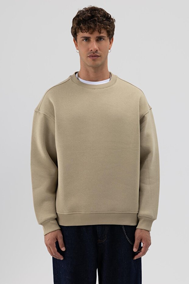 Basic Bisiklet Yaka Oversize Sweatshirt Haki - 3