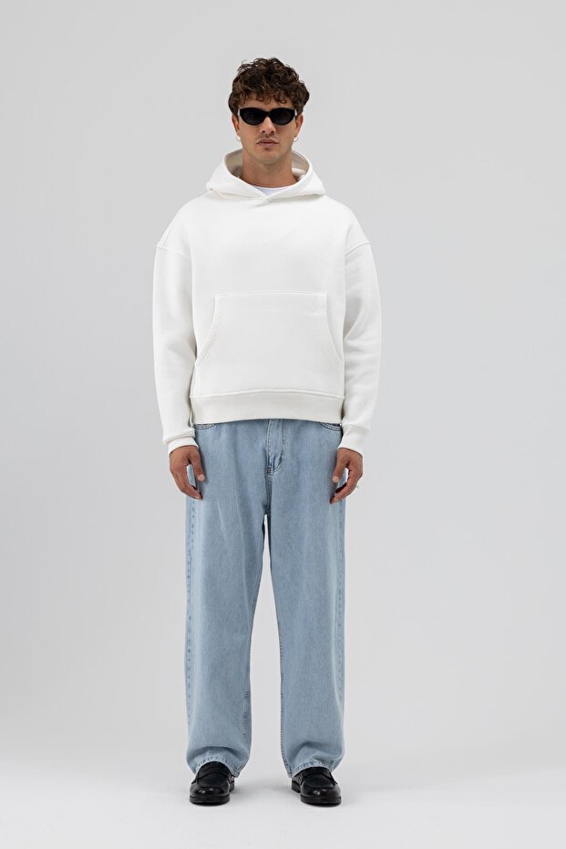 Basic Kapüşonlu Boxy Fit Sweatshirt Ekru - 2