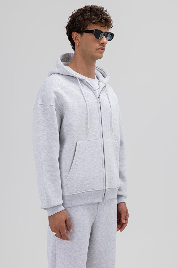 Basic Fermuarlı Oversize Kapüşonlu Sweatshirt Karmelanj - 3