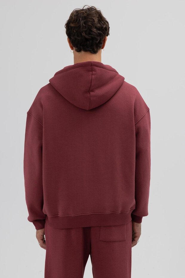 Basic Fermuarlı Oversize Kapüşonlu Sweatshirt Bordo - 5