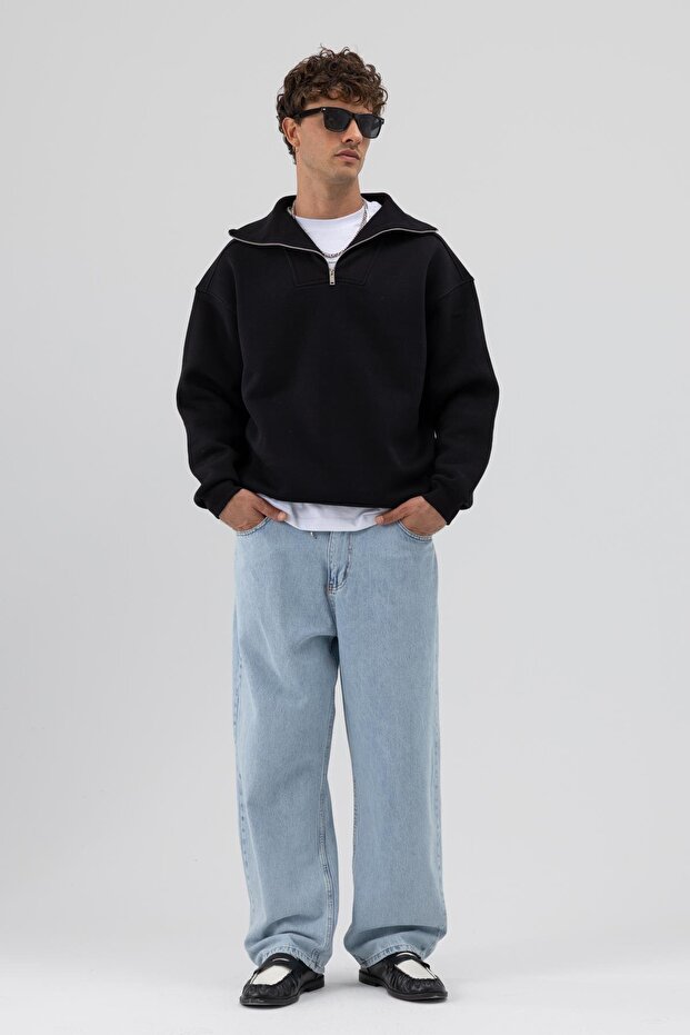 Basic Fermuarlı Dik Yaka Sweatshirt Siyah - 5