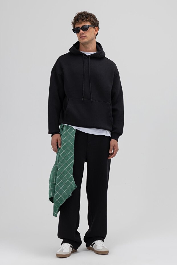 Basic Oversize Kapüşonlu Sweatshirt Siyah - 1