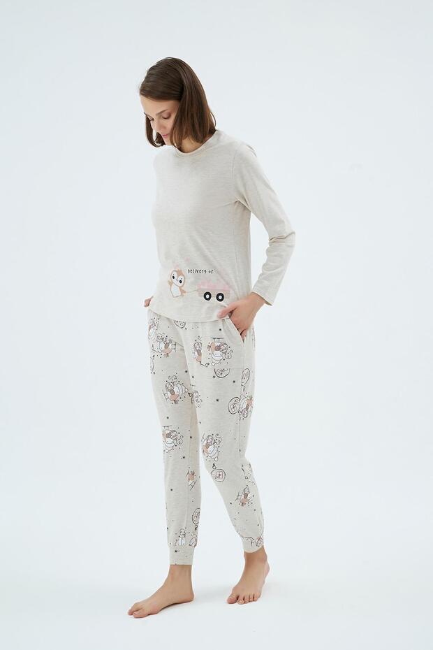 Kadın Uzun Kollu Baskılı Jogger Paça Bej Pijama Takımı C5T4N171 - 2