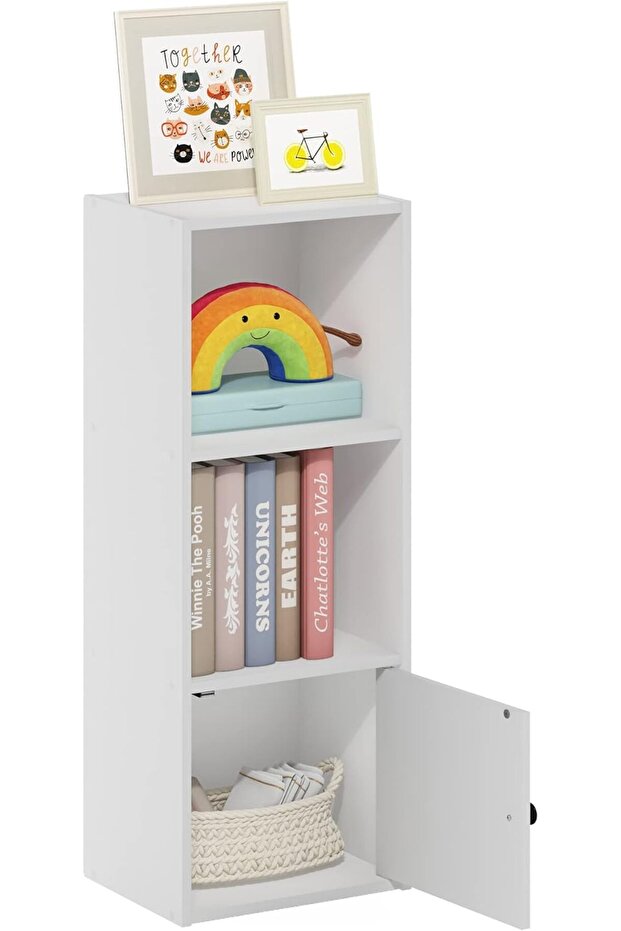 3-Shelf Bookcase with 1-Door Cabinet – White Wooden Storage & Display Unit - 5