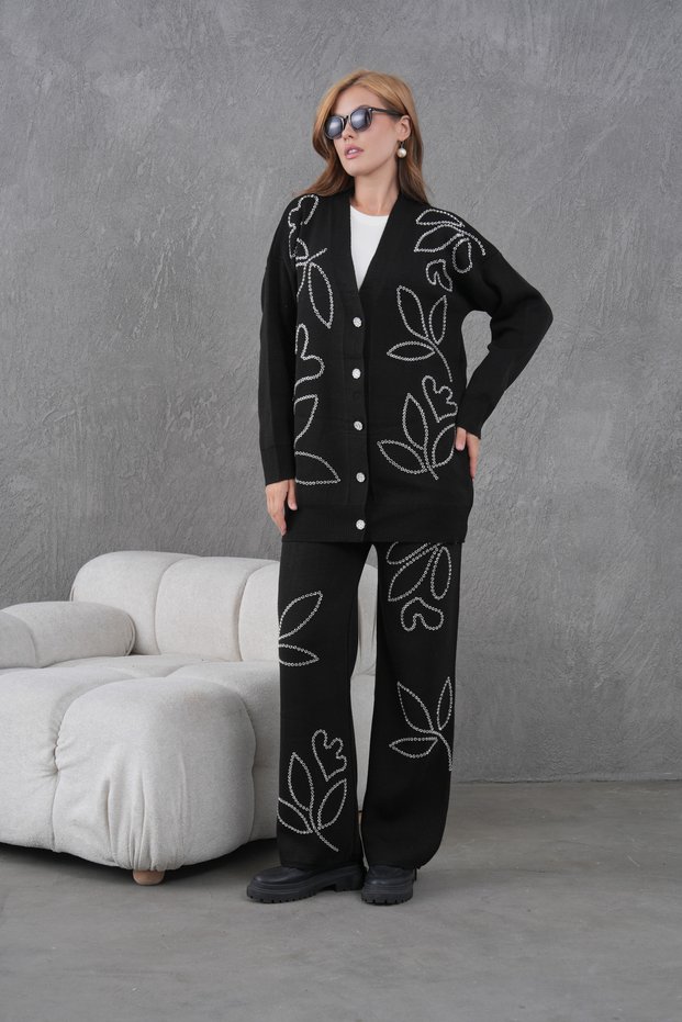 Women's Beaded Embroidered Wide-Fit Knit Cardigan and Pants Top and Bottom Set