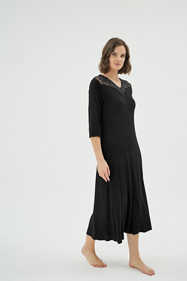 Women's Lace Detailed Long Sleeve Black Midi Nightgown C0T3N071