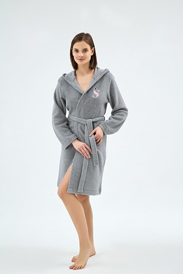 Women's Hooded Belted Fleece Gray Dressing Gown C4T9N071