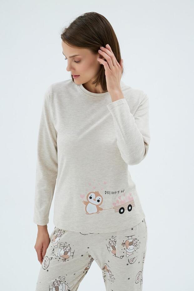 Kadın Uzun Kollu Baskılı Jogger Paça Bej Pijama Takımı C5T4N171 - 3
