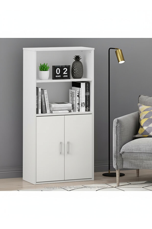 White Bookcase with 2-Door Bottom Cabinet | Multi-Use Office & Home Storage