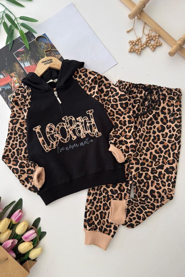 My Little One's Cicileri Leopard Hooded Girl's Leopard Tracksuit Set - Black