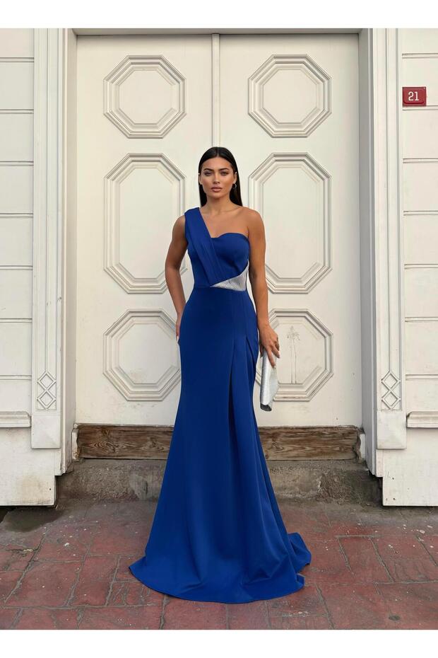 Flexible scuba fabric front stone detailed evening dress 583324 cobalt blue