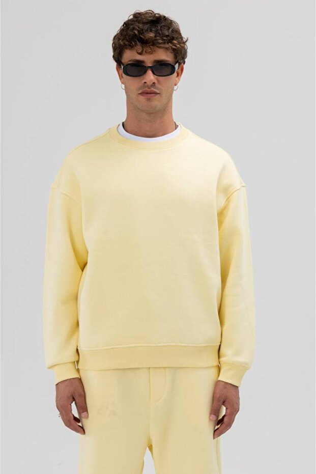 Basic Sarı Unisex Oversize Premium Sweatshirt - 1