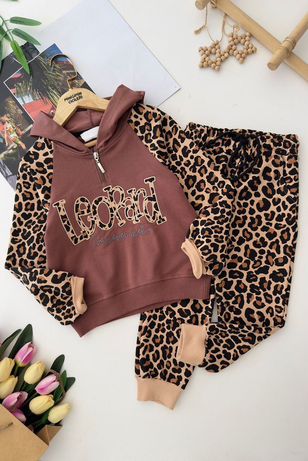 My Little One's Cicileri Leopard Hooded Girl's Leopard Tracksuit Set - Brown