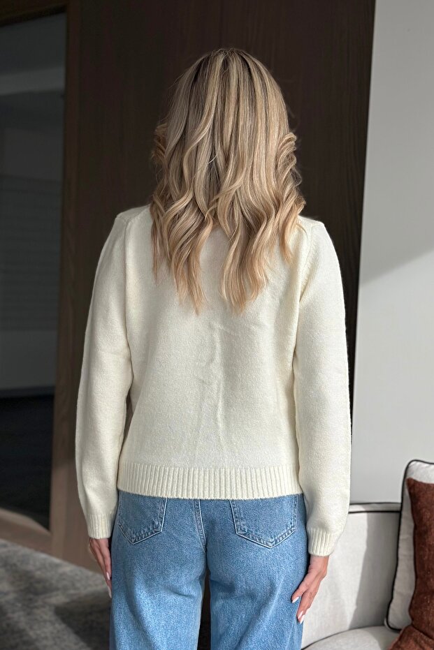 Krem Basic Düğmeli Hırka - 4488 - 5