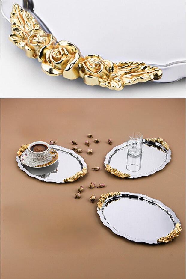 3 Adet Gümüş Oval Model Gül Motifli Kahve-Çay Sunum Tepsisi 25 cm x 20 cm - 1