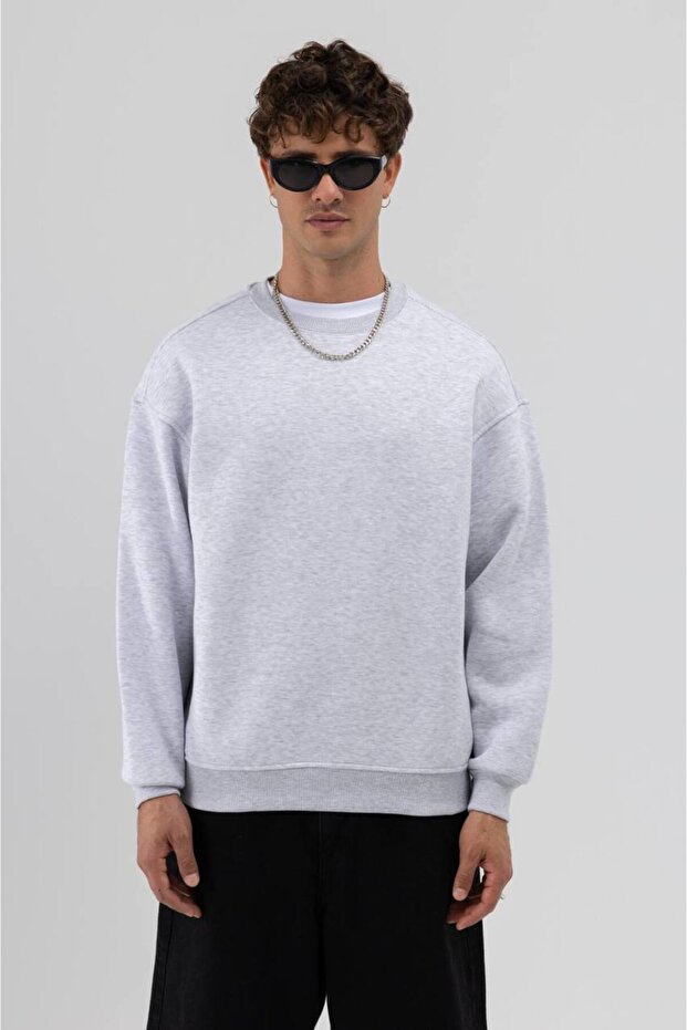 Basic Açık Gri Unisex Oversize Premium Sweatshirt - 1
