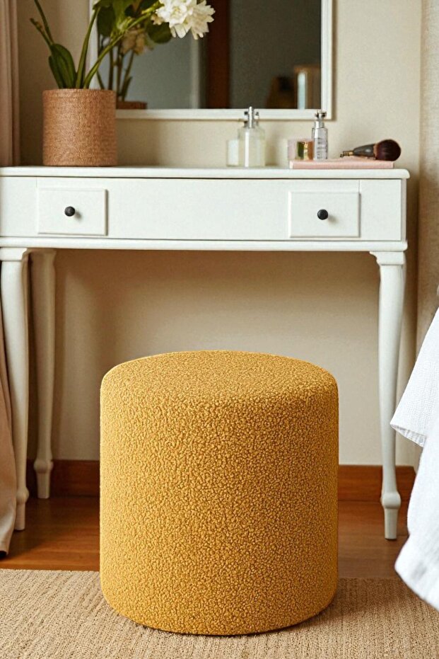 Silindir Puf Makyaj Odası Pufu Ayak Uzatma Oturma Masa Önü Yumuşak Teddy Peluş Kumaş Yuvarlak Tabure - 3