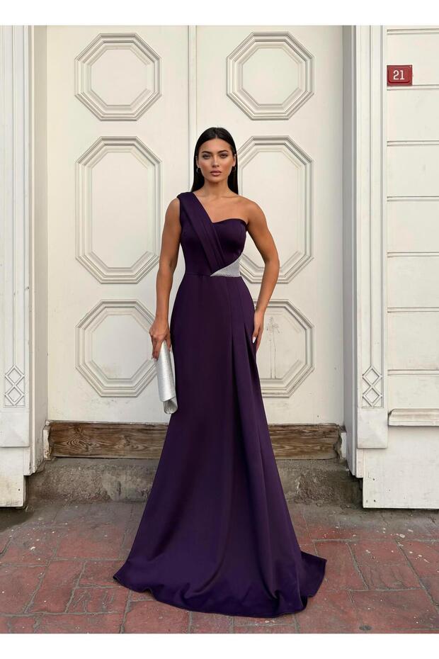 Stretchy Scuba Fabric Front Stone-Detail Evening Dress 583324 PURPLE