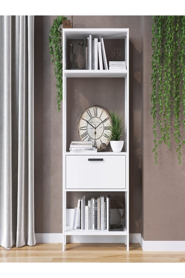 White 4-Tier Open Shelf Bookcase | Storage Unit with Drawer | Modern Display Cabinet - 1