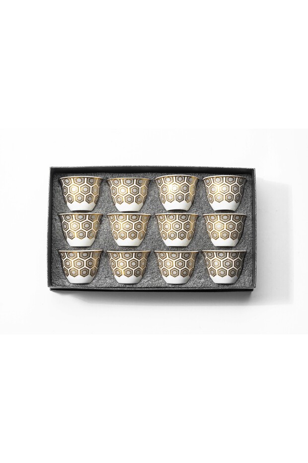 12-piece Arabic coffee cup set with a distinctive golden pattern