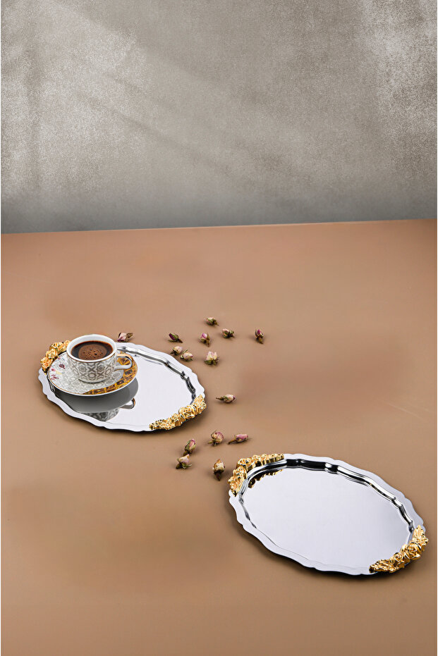 2 Adet Gümüş Oval Model Gül Motifli Kahve-Çay Sunum Tepsisi 25 cm x 20 cm - 5