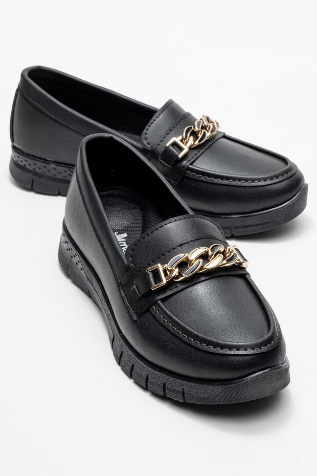 Soft Sole Chain Detailed Women's Shoes Black Skin