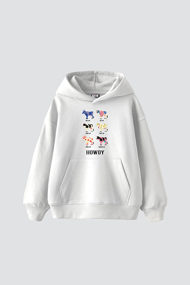 Howdy Cows Printed Oversize Unisex White Hoodie