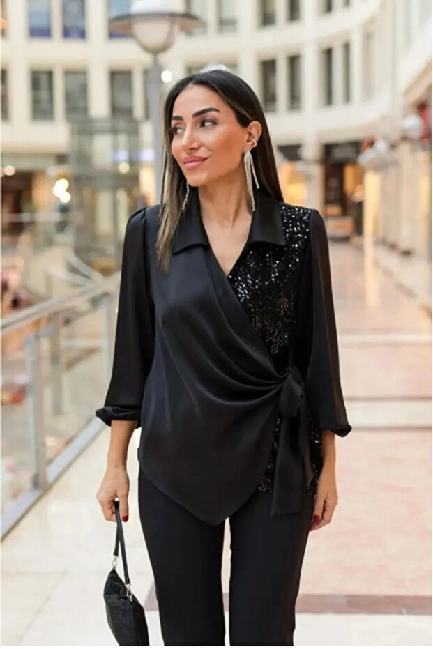 DÁMSKA saténová blúzka s elastickým poloflitrovým bočným zaväzovaním s výstrihom do V - 2