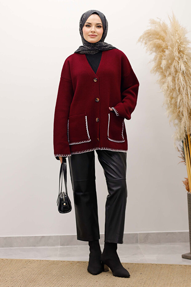 Shepherd's Stitch Pocketed Knit Cardigan Tsd250226 Burgundy