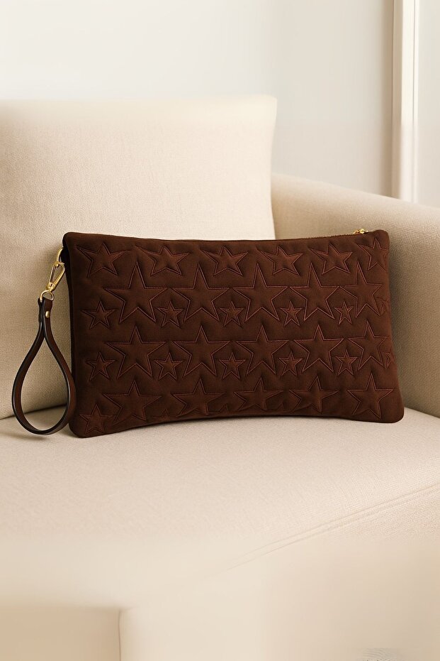 Yıldız Desenli Kahve Süet Portföy Çanta - 6