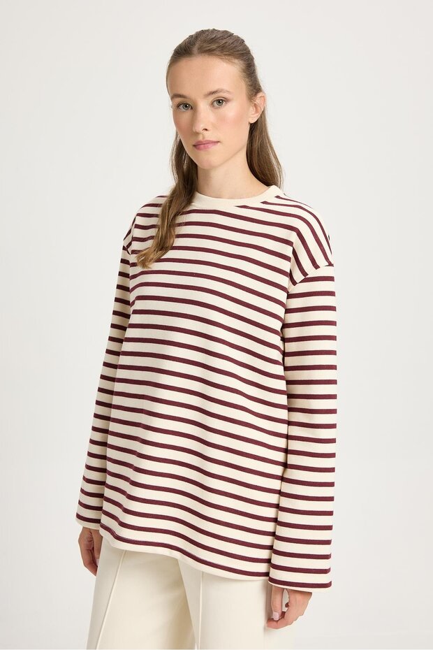 Kadın Çizgili Oversize Basic Sweatshirt Bordo Krem 30010 - 5
