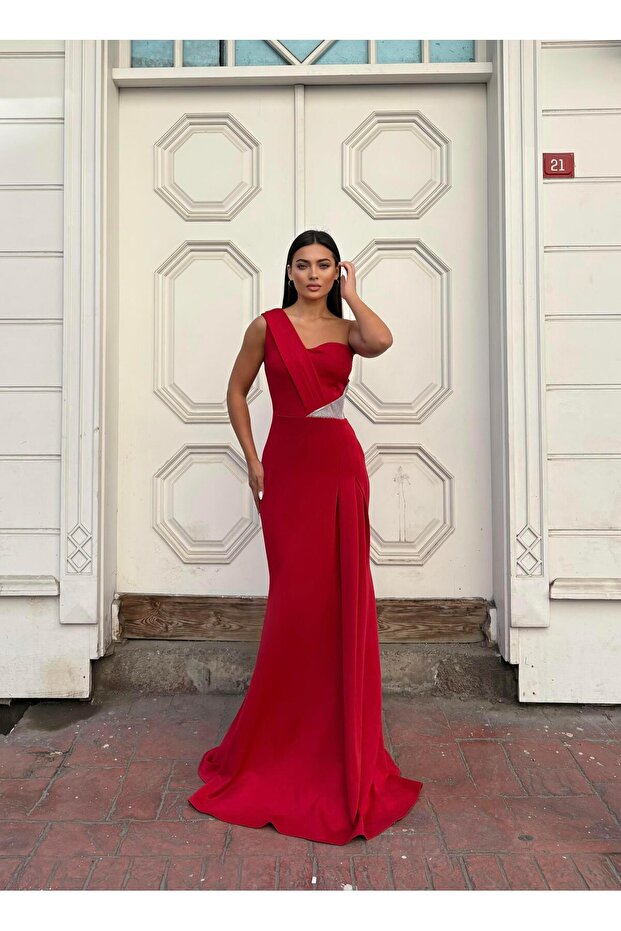 Flexible Scuba Fabric Front Stone Detailed Evening Dress 583324 Red